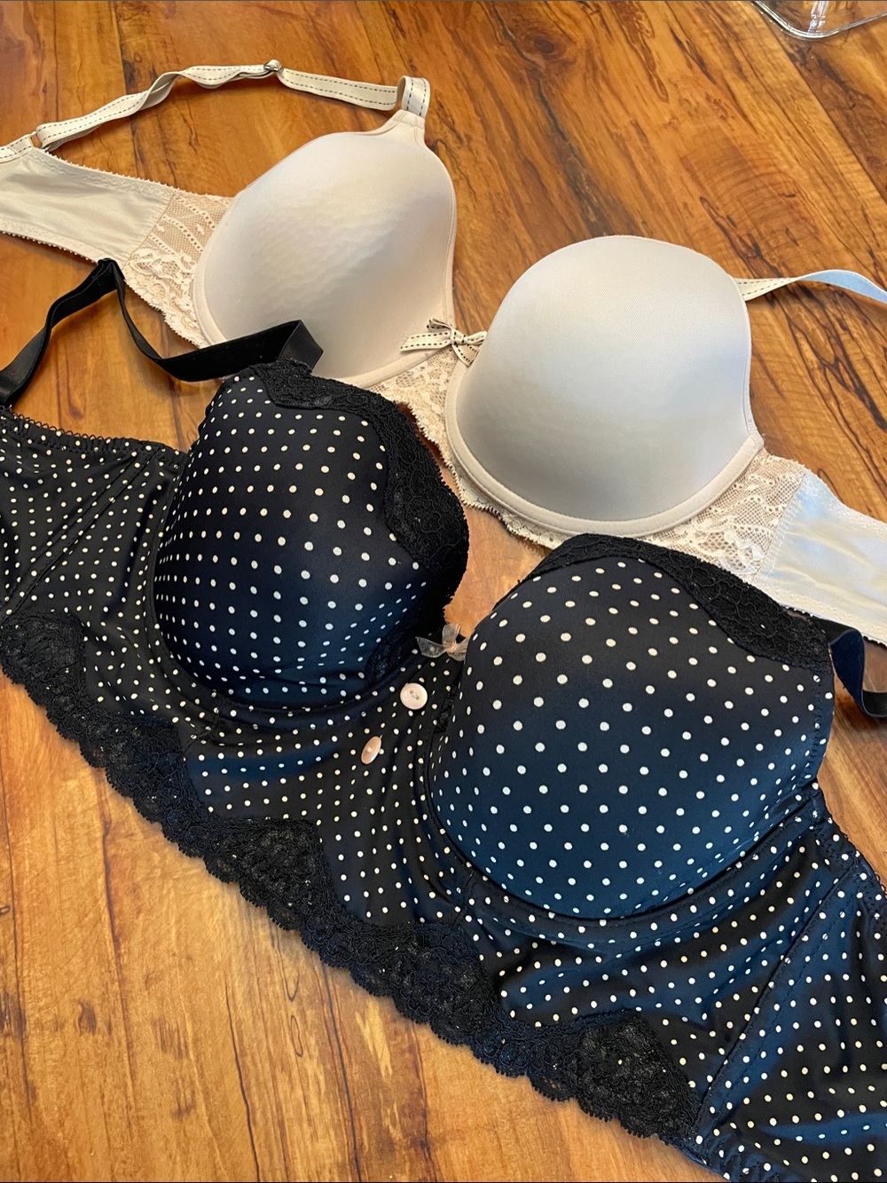 Two Boutique 34D Bras EUC Black Polka Dot Longline Bra & Nude T-Shirt Bra
